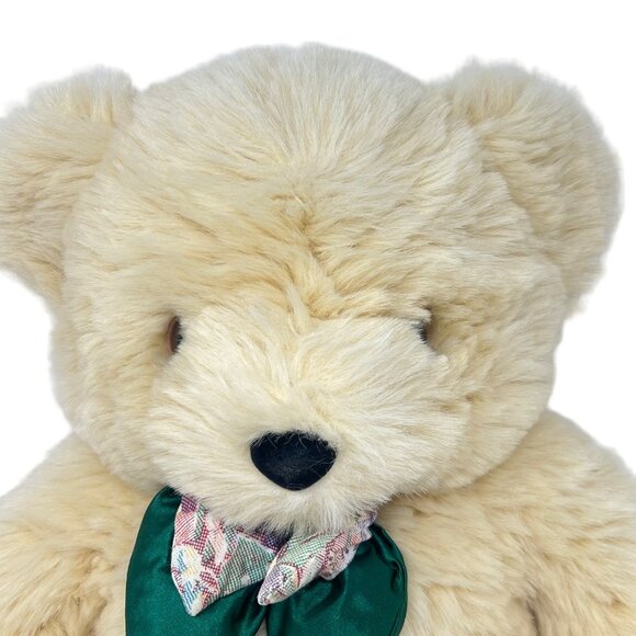 Vintage Plush Teddy Bear Beige With Puffy Green & Floral Bow Tie Unbranded  18" - Picture 2 of 6